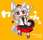  1girl animal_ears byourou chibi dated detached_sleeves fang fighting_stance geta hat inubashiri_momiji open_mouth red_eyes shield short_hair silver_hair simple_background skirt solo sword tail tengu-geta tokin_hat touhou weapon wolf_ears wolf_tail yellow_background 