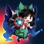  1girl black_hair black_wings bow byourou cape chibi fang hair_bow long_hair mismatched_footwear open_mouth red_eyes reiuji_utsuho skirt sky smile solo space star_(sky) starry_sky third_eye touhou wings 