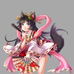  1girl animal_ears black_hair blue_eyes da-cart fan japanese_clothes kimono long_hair miko original short_kimono solo tail 