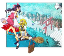  ascot bag barefoot black_hair blonde_hair blue_hair bow broom cirno des666 detached_sleeves dress feathers gohei green_hair hair_bow hair_tubes hakurei_reimu hat highres ice ice_wings japanese_clothes kirisame_marisa kochiya_sanae komainu komeiji_koishi long_hair miko moriya_suwako red_eyes rope sandals sarashi shimenawa shrine single_sandal stairs torii touhou tree violet_eyes wings witch_hat 