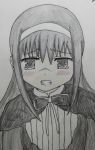  1girl absurdres akemi_homura black_hair blush bust clenched_teeth dress funeral_dress graphite_(medium) hairband highres long_hair looking_at_viewer mahou_shoujo_madoka_magica mahou_shoujo_madoka_magica_movie monochrome niwashi simple_background solo spoilers traditional_media white_background 