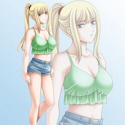  1girl blonde_hair blue_eyes breasts casual cleavage highres legs long_hair metroid ponytail samus_aran shorts solo tamamon tank_top zoom_layer 