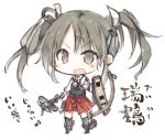  &gt;:d 1girl :d akaki_aoki bow_(weapon) brown_eyes brown_hair chibi faux_traditional_media hair_ornament holding kantai_collection muneate open_mouth pleated_skirt simple_background skirt smile solo translation_request twintails weapon white_background zuikaku_(kantai_collection) 