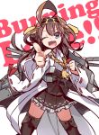  1girl :3 ;d ahoge black_legwear brown_hair burning_love_(phrase) clenched_hand detached_sleeves double_bun fang hair_bun hair_ornament hairband heart heart-shaped_pupils kantai_collection kongou_(kantai_collection) long_hair machinery nontraditional_miko one_eye_closed open_mouth pleated_skirt pointing pointing_at_viewer skirt smile solo symbol-shaped_pupils tagme thigh-highs turret ulogbe zettai_ryouiki 