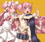  3girls akemi_homura black_hair blush bow chocolate_milk closed_eyes dress dual_persona earrings goddess_madoka hair_bow hair_ribbon hairband head_on_chest hug jewelry kaname_madoka long_hair looking_at_another mahou_shoujo_madoka_magica mahou_shoujo_madoka_magica_movie multiple_girls notori_d pink_eyes pink_hair pushing ribbon school_uniform short_hair short_twintails signature simple_background skirt spoilers strawberry_milk twintails two_side_up wavy_mouth white_dress yellow_background 