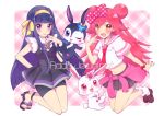  2girls bow clothes_around_waist copyright_name double_bun engrish hair_bow hair_ornament hairband jewelpet_(series) lady_jewelpet lilian_(lady_jewelpet) long_hair looking_at_viewer luea_(jewelpet) momona multiple_girls naju_soreiyu open_mouth orange_eyes polka_dot polka_dot_bow purple_hair rabbit ranguage redhead ribbon ruby_(jewelpet) skirt violet_eyes 