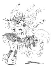  animal_ears geta hat inubashiri_momiji jumping matsuda_(matsukichi) monochrome multiple_girls shameimaru_aya short_hair sketching slapping tail tokin_hat touhou wolf_ears wolf_tail 