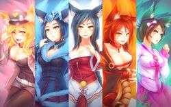  5girls ahri alternate_costume animal_ears black_hair blonde_hair breasts brown_eyes cleavage dress fox_ears fox_tail hair_ribbon hat highres kerasu large_breasts league_of_legends long_hair multiple_girls multiple_tails one_eye_closed pantyhose redhead ribbon shorts tail yellow_eyes 