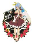 1girl 8055 alternate_costume asymmetrical_wings black_wings blue_hair breasts cleavage cup dizzy dress guilty_gear hair_ribbon hairband highres long_hair looking_at_viewer red_eyes ribbon simple_background solo tail tail_ribbon teacup tears white_background white_wings wings