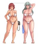  2girls arm_up barefoot bikini blush breasts brown_eyes brown_hair camera curvy height_chart large_breasts long_hair looking_at_viewer multiple_girls navel older red_eyes rozen_maiden shiny shiny_skin short_hair side-tie_bikini silver_hair single-lens_reflex_camera smile souseiseki suigintou swimsuit thighs towel tsuda_nanafushi white_bikini white_swimsuit wide_hips 