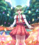  1girl :d arm_belt ascot blue_sky field flower flower_field forest green_hair happy highres juliet_sleeves kazami_yuuka knees_together long_sleeves looking_at_viewer nature open_mouth petals plaid plaid_skirt plaid_vest puffy_sleeves red_eyes shirt short_hair skirt sky smile solo touhou tree vest wendell white_shirt 