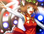  1girl animal_ears bow brown_eyes cat_ears cat_tail chen danmaku earrings fang hat highres jewelry multiple_tails nin_(female) open_mouth outstretched_arm short_hair solo tail touhou 