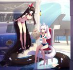  2girls absurdly_long_hair animal_ears barefoot bikini blue_eyes book bookshelf breasts brown_hair chair cleavage crimson_k_night hairband highres instrument long_hair map multiple_girls navel original piano swimsuit tail twintails very_long_hair water white_hair 