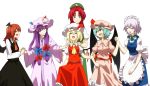  6+girls ascot bat_wings blonde_hair blue_bow blue_hair blush bow braid closed_eyes crescent_hair_ornament dress fang flandre_scarlet frills hair_bow hair_ornament hair_ribbon hand_on_shoulder hat hat_ribbon head_wings highres holding_hands hong_meiling izayoi_sakuya koakuma long_hair maid maid_headdress mob_cap multiple_girls open_mouth patchouli_knowledge pink_dress puffy_short_sleeves puffy_sleeves purple_hair red_bow red_eyes red_ribbon redhead remilia_scarlet ribbon shiratama_(hockey) short_hair short_sleeves silver_hair smile touhou twin_braids white_background wings wrist_cuffs 