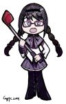  1girl akemi_homura black_hair braid cappy chibi glasses golf_club hairband long_hair mahou_shoujo_madoka_magica open_mouth pantyhose red-framed_glasses signature simple_background solo transparent_background twin_braids violet_eyes 