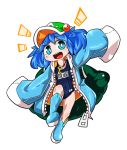  1girl alternate_costume backpack bag blue_eyes blue_hair boots byourou chibi hair_bobbles hair_ornament hat kawashiro_nitori key looking_at_viewer open_mouth rubber_boots short_hair simple_background smile solo swimsuit swimsuit_under_clothes touhou twintails white_background 
