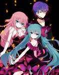  1boy 2girls acute_(vocaloid) aqua_eyes aqua_hair black_background blue_hair choker dress hatsune_miku ichiyou_moka jewelry kaito knife long_hair megurine_luka multiple_girls necklace pink_hair twintails very_long_hair vocaloid 