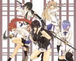  5girls bike_shorts black_hair blonde_hair blue_hair bow_(weapon) brown_eyes brown_hair christiane_friedrich hair_ornament highres katana kawakami_kazuko kawakami_momoyo long_hair maji_de_watashi_ni_koi_shinasai! maou mayuzumi_yukie multiple_girls petals ponytail red_eyes ribbon school_uniform shiina_miyako short_hair skirt sleeveless socks sword thigh-highs twintails very_long_hair weapon zettai_ryouiki 