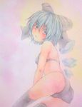  1girl ass bikini black_bikini black_legwear black_swimsuit blue_eyes blue_hair bow cirno collarbone hair_bow highres ice ice_wings looking_at_viewer looking_back open_mouth short_hair small_breasts solo swimsuit thigh-highs touhou traditional_media watercolor_(medium) wings yuyu_(00365676) 