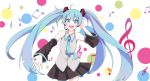  1girl :d bare_shoulders blue_eyes blue_hair blush detached_sleeves hatsune_miku headset kinokomeshi long_hair musical_note necktie open_mouth pleated_skirt skirt sleeveless smile solo twintails very_long_hair vocaloid 