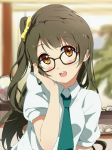  1girl bespectacled brown_eyes brown_hair glasses long_hair looking_at_viewer love_live!_school_idol_project minami_kotori ogipote open_mouth school_uniform side_ponytail smile solo 