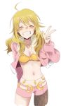  1girl ^_^ ahoge azucham blonde_hair blush breasts cleavage closed_eyes grin highres hoshii_miki idolmaster jewelry long_hair midriff navel necklace open_clothes open_jacket pink_diamond_765 smile solo v 