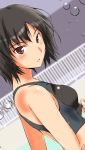  amagami black_hair bob_cut brown_eyes competition_swimsuit dutch_angle highres looking_back murasaki_iro nanasaki_ai one-piece_swimsuit short_hair swimsuit swimsuit_tug 