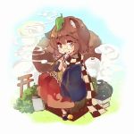  1girl :3 animal_ears bell bottle brown_eyes brown_hair chibi futatsuiwa_mamizou glasses leaf leaf_on_head long_sleeves looking_at_viewer pince-nez pipe raccoon_ears raccoon_tail sake_bottle scarf sen1986 shirt skirt smirk solo tail torii touhou wide_sleeves 