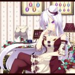  1girl bow breasts cleavage flower hat head_rest heterochromia jewelry long_hair necklace nyori original sitting smile solo very_long_hair white_hair 