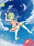  1girl :d absurdres adapted_costume airplane balloon boots breasts cleavage green_eyes green_hair gumi hair_ornament hairclip high_heels highres holding navel open_mouth short_hair sky smile solo tagme tika_(mika4975) umbrella vocaloid waving wrist_cuffs 