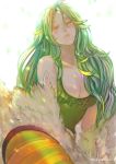  1girl breasts cleavage closed_eyes clothes_writing green_hair harpy jippei long_hair monet_(one_piece) monster_girl one_piece solo wings 