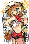  1girl ;d blonde_hair blue_eyes cowboy cowboy_hat finger_on_hat gloves hat kagamine_rin navel one_eye_closed open_mouth short_hair smile solo ulogbe vocaloid western white_gloves 