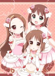  amami_haruka brown_eyes brown_hair flower green_eyes hagiwara_yukiho hair_ornament idolmaster long_hair minase_iori one_eye_closed ringo_yuyu smile v violet_eyes 