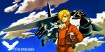  1boy 80s airplane area_88 bird blonde_hair clouds cross eagle emblem f-8_crusader flying gloves green_eyes hair_over_one_eye helmet jet jumpsuit kazama_shin kuwae looking_at_viewer missile oldschool pilot pilot_suit scarf serious 