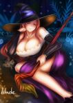  1girl bare_shoulders breasts cleavage detached_sleeves dragon&#039;s_crown dress hat huge_breasts looking_at_viewer qblade red_eyes revision side_slit sitting smile solo sorceress_(dragon&#039;s_crown) staff strapless_dress witch_hat 