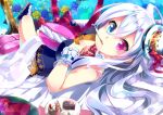  1girl breasts cake cleavage detached_collar flower food food_themed_clothes hat heterochromia long_hair looking_at_viewer lying nyori original rose solo spoon_in_mouth white_hair wrist_cuffs 