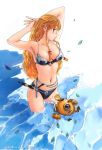  1girl armor bikini_armor blue_eyes braid breasts carina_(xiaowoo) dagger navel partially_submerged redhead robot weapon 
