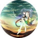  1girl barefoot blue_hair crescent_moon highres hinanawi_tenshi judo_fuu long_hair looking_at_viewer moon no_hat red_eyes scarf smile solo sunset touhou 