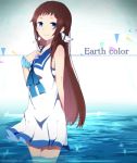  1girl blue_eyes brown_hair feet_in_water highres long_hair mukaido_manaka nagi_no_asukara sailor_dress satou_chisaki school_uniform serafuku soaking_feet standing water 