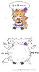  1girl bow byourou chibi dated fang hair_bow horn_ribbon horns ibuki_suika long_hair open_mouth orange_hair ribbon scarf simple_background smile snow snowball solo touhou white_background 