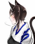  1girl animal_ears brown_hair cat_ears cat_tail fang japanese_clothes kaga_(kantai_collection) kantai_collection kemonomimi_mode muneate shuu-0208 side_ponytail simple_background solo tail white_background yellow_eyes 