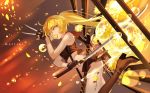  1girl black_gloves blonde_hair dutch_angle fingerless_gloves flower gloves holding joseph_lee katana knife long_hair looking_at_viewer navel original petals pleated_skirt ponytail skirt solo sword tagme weapon yellow_eyes 