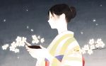  1girl absurdres black_hair bust cherry_blossoms hair_bun highres japanese_clothes kimono namito obi original pale_skin petals profile sakazuki sash solo vertical_stripes 