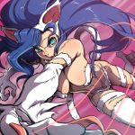  &gt;:d 1girl :d animal_ears attack blue_eyes blue_hair breasts cat_ears cat_tail claws felicia foreshortening long_hair open_mouth outstretched_arm purple_background scratching slit_pupils smile solo tail vampire_(game) yazwo 