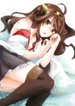  1girl ahoge bare_shoulders blush boots brown_eyes brown_hair brown_legwear detached_sleeves frills hair_bun hair_ornament japanese_clothes kantai_collection kongou_(kantai_collection) long_hair looking_at_viewer lying nerokuro nontraditional_miko on_side skirt thigh-highs thigh_boots zettai_ryouiki 
