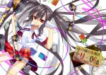  1girl black_hair corded_phone holding long_hair looking_at_viewer nyori original phone red_eyes solo string_phone twintails very_long_hair 