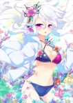  1girl bikini breasts bubble cleavage fish flower flower_on_head hair_ornament headphones long_hair looking_at_viewer navel nyori original parted_lips solo swimsuit violet_eyes white_hair 