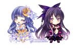 2girls :/ ;d artist_name blue_eyes blue_hair breasts chibi crescent_hair_ornament date_a_live flower flower_on_head gradient_eyes grandia_(artist) hair_ornament hair_ribbon izayoi_miku long_hair multicolored_eyes multiple_girls navel one_eye_closed open_mouth outstretched_arm purple_hair ribbon simple_background smile tagme watermark web_address white_background yatogami_tooka 