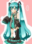  ... 1girl age_regression aqua_eyes aqua_hair child detached_sleeves hatsune_miku long_hair long_sleeves necktie oversized_clothes shindoh_arashi skirt skirt_down solo thighhighs_pull twintails very_long_hair vocaloid younger 