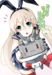  1girl :3 blonde_hair blue_eyes blush carrying_under_arm elbow_gloves gloves kantai_collection long_hair looking_at_viewer nerokuro open_mouth rensouhou-chan shimakaze_(kantai_collection) solo striped striped_legwear thigh-highs translation_request turret zettai_ryouiki |_| 